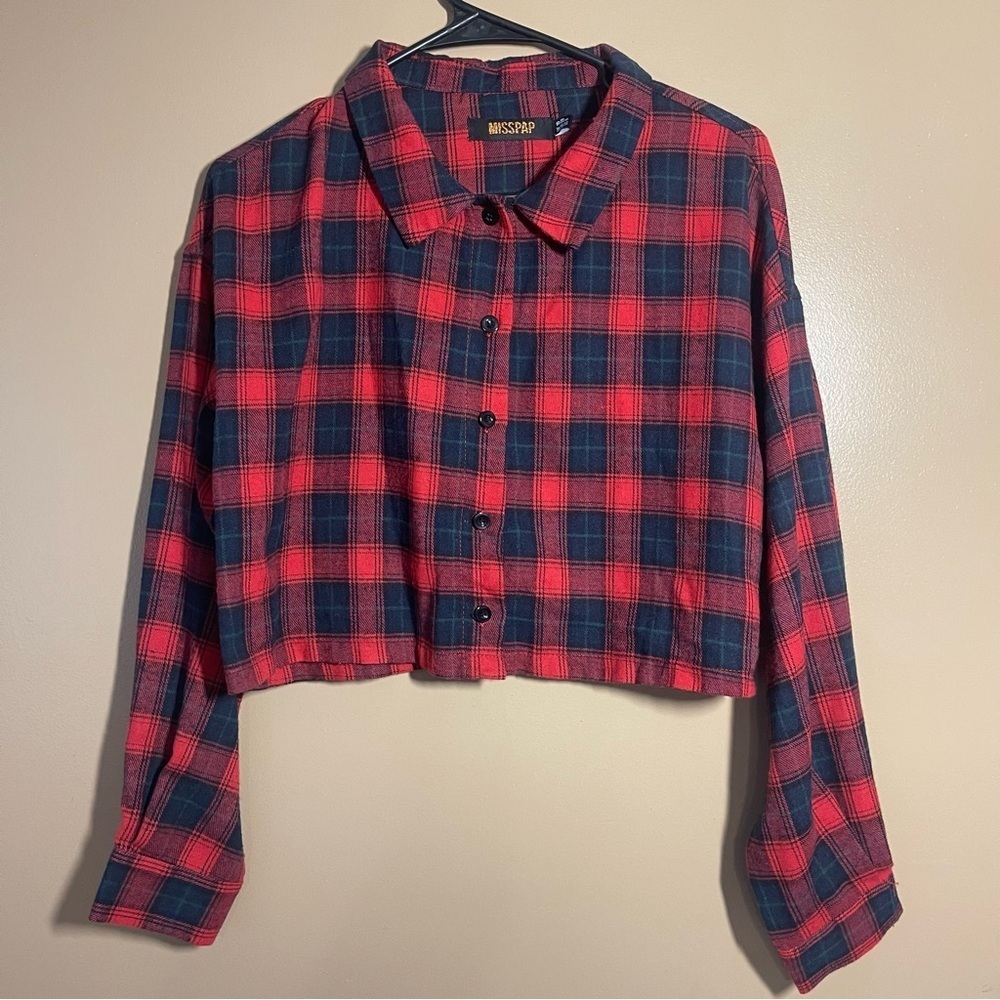 Misspap  Grunge Red and Blue Plaid Cropped Shirt women’s US 6